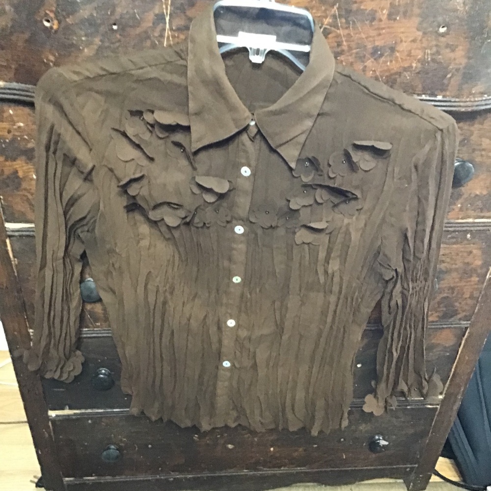 💚3/$25 Jaipur L sheer brown blouse flowers and sequins on front and sleeves